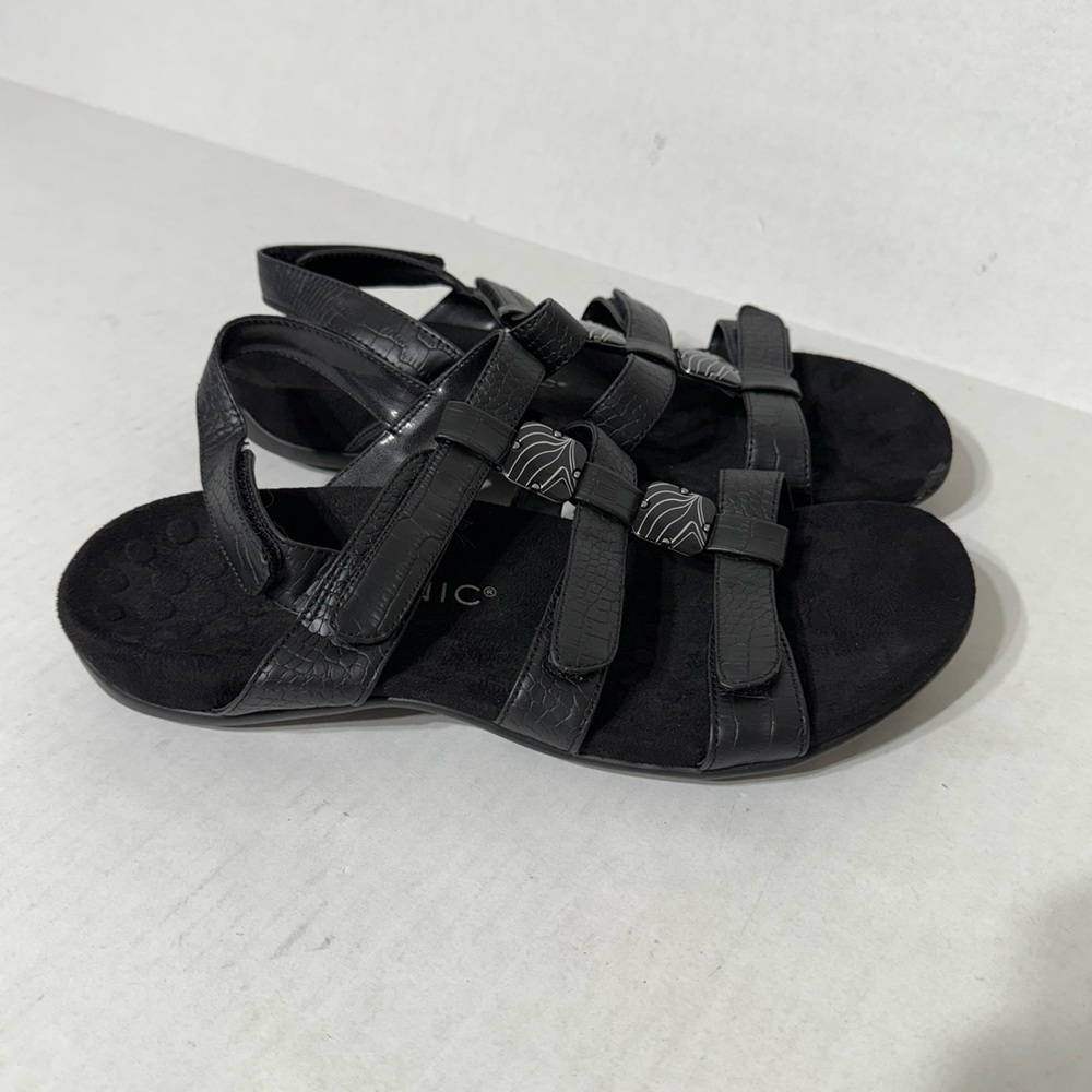 Vionic Womens Amber Black Patent Croc Print Slingback T-Strap Sandals Size 10